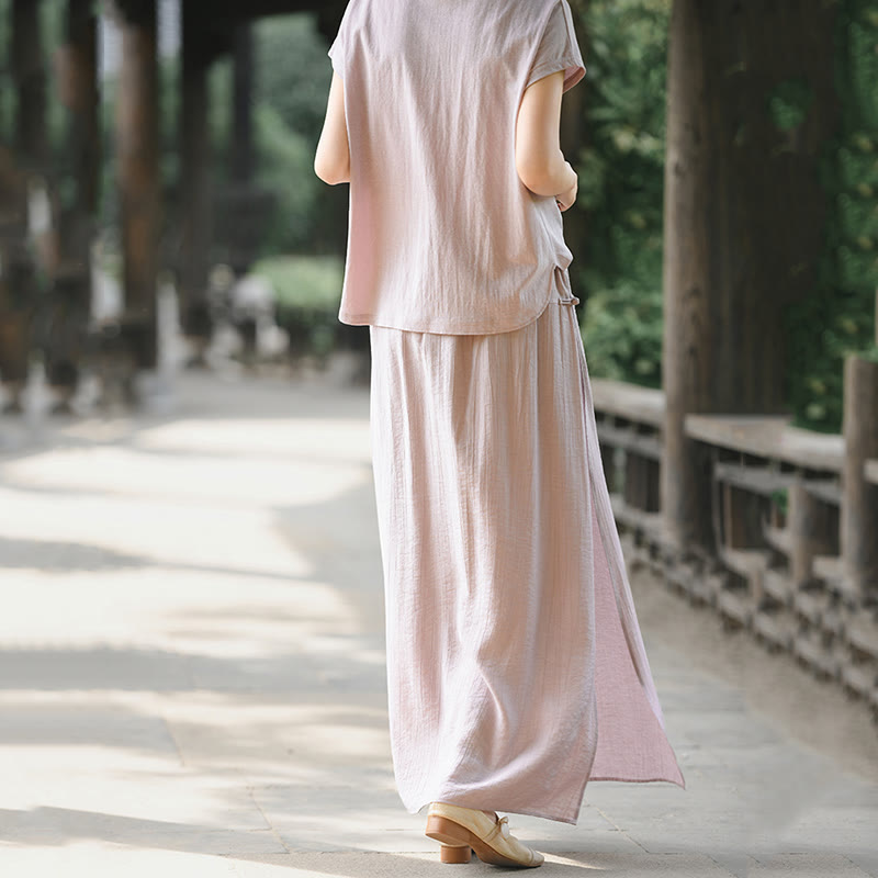 Buddha Stones Set da donna in cotone per meditazione, 2 pezzi, con bottoni, camicia a maniche corte, gonna e tasche - image 5