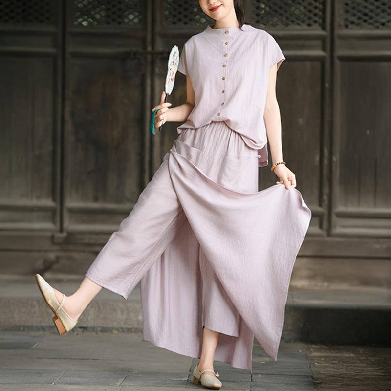 Buddha Stones Set da donna in cotone per meditazione, 2 pezzi, con bottoni, camicia a maniche corte, gonna e tasche - Camicia rosa chiaro e gonna marrone rosato - US8-10, UK/AU12-14, EU40-42 (2XL) - image 0