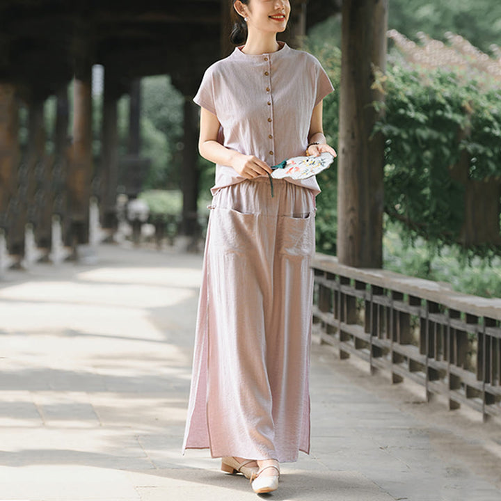 Buddha Stones Set da donna in cotone per meditazione, 2 pezzi, con bottoni, camicia a maniche corte, gonna e tasche - image 2