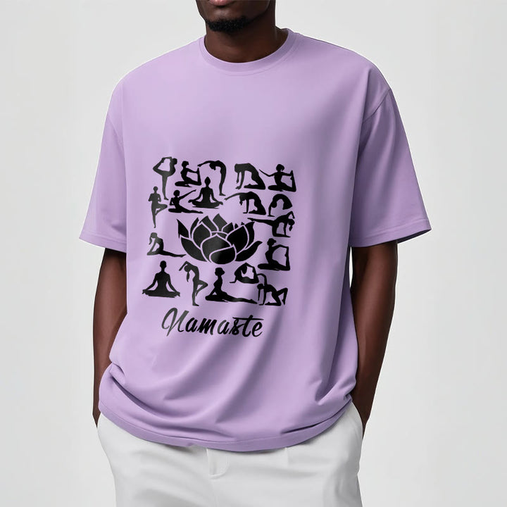 Maglietta casual con motivo a Buddha Stones e fiori di loto, varie posizioni yoga - image 18