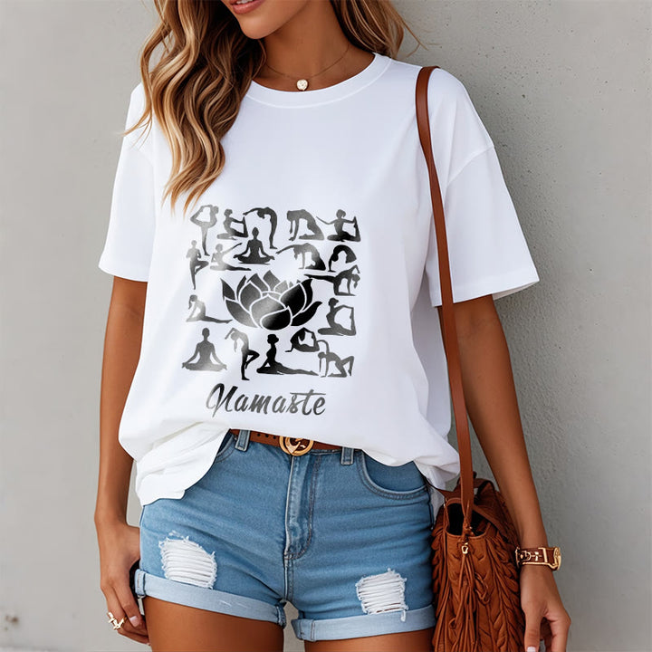 Maglietta casual con motivo a Buddha Stones e fiori di loto, varie posizioni yoga - image 10