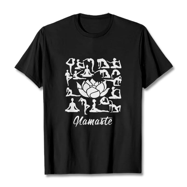 Maglietta casual con motivo a Buddha Stones e fiori di loto, varie posizioni yoga - Nero - 2XL - image 4