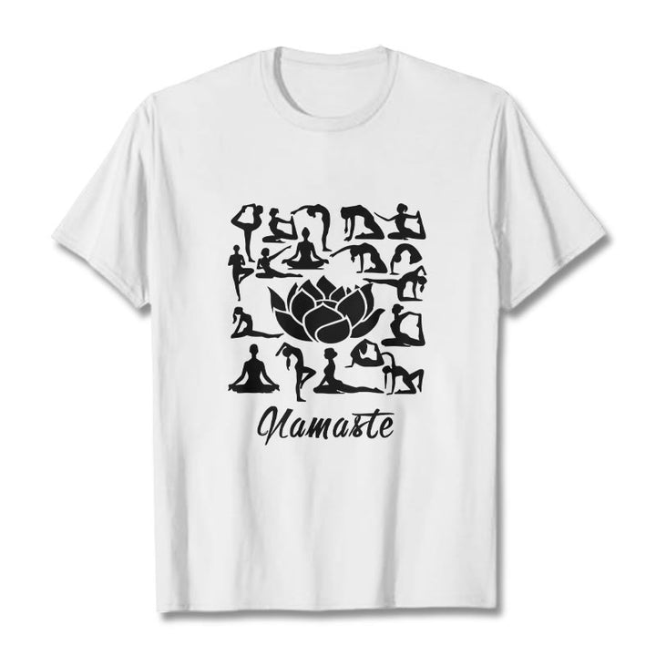 Maglietta casual con motivo a Buddha Stones e fiori di loto, varie posizioni yoga - Bianco - 2XL - image 8