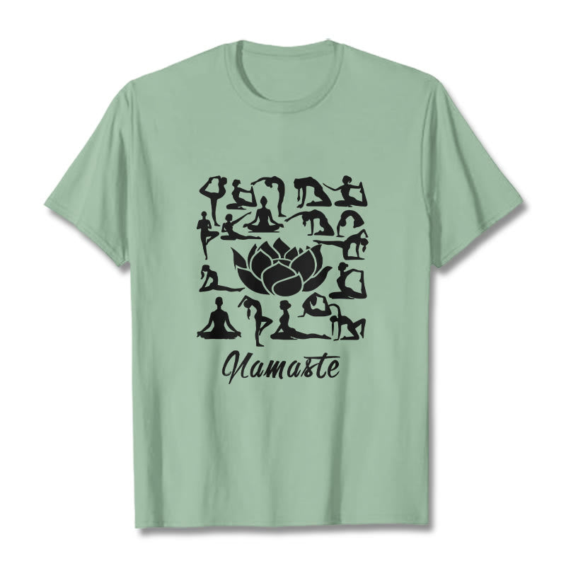 Maglietta casual con motivo a Buddha Stones e fiori di loto, varie posizioni yoga - Verde pallido - 2XL - image 15