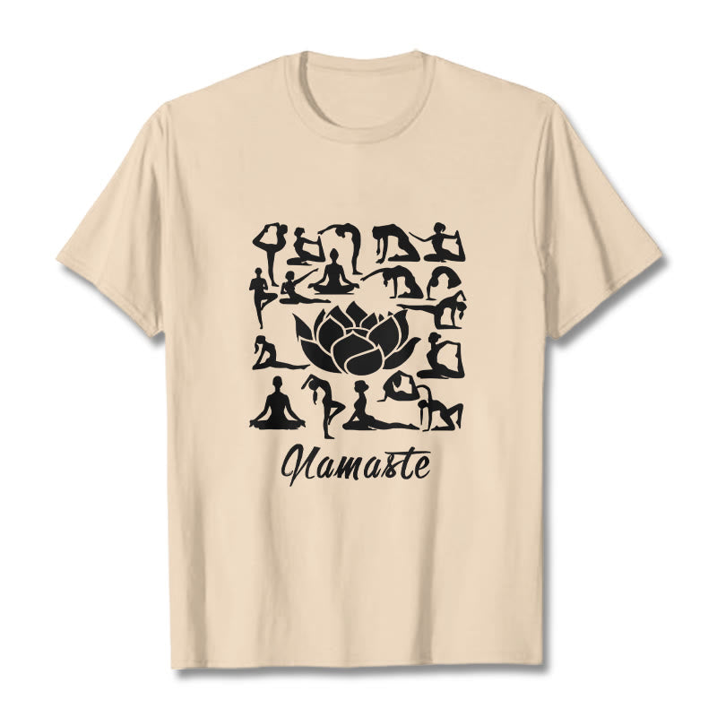Maglietta casual con motivo a Buddha Stones e fiori di loto, varie posizioni yoga - Biscotto - 2XL - image 11
