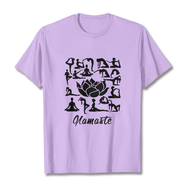 Maglietta casual con motivo a Buddha Stones e fiori di loto, varie posizioni yoga - Prugna - 2XL - image 17