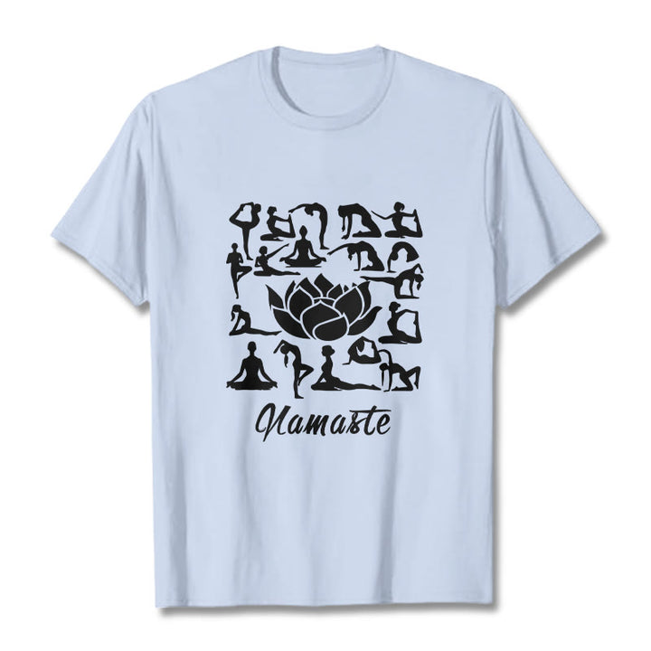 Maglietta casual con motivo a Buddha Stones e fiori di loto, varie posizioni yoga - Ciano chiaro - 2XL - image 19