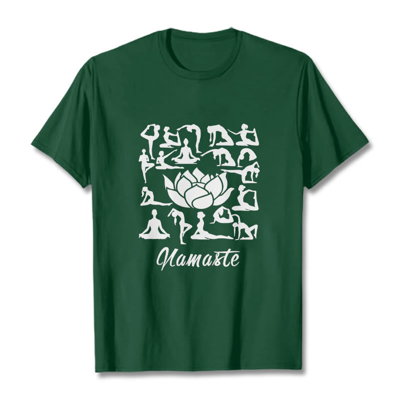 Maglietta casual con motivo a Buddha Stones e fiori di loto, varie posizioni yoga - Verde foresta - 2XL - image 1