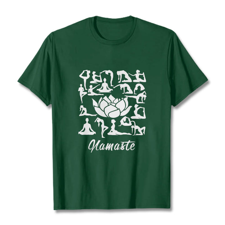 Maglietta casual con motivo a Buddha Stones e fiori di loto, varie posizioni yoga - Verde foresta - 2XL - image 1