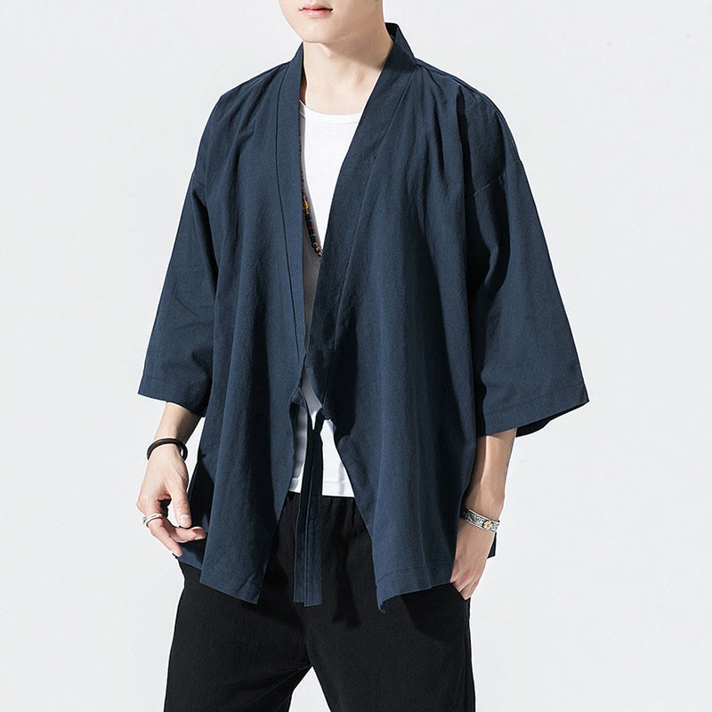 Giacca aperta sul davanti in cotone e lino da uomo, kimono con maniche a tre quarti, stile Buddha Stones Tang Suit - Blu notte - US/UK/AU48, EU58 (5XL) - image 6