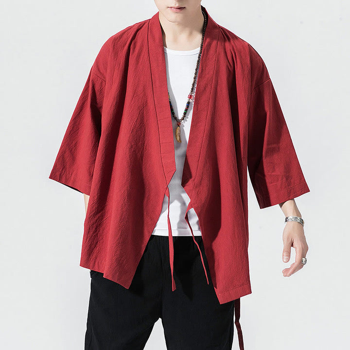 Giacca aperta sul davanti in cotone e lino da uomo, kimono con maniche a tre quarti, stile Buddha Stones Tang Suit - Cremisi - US/UK/AU48, EU58 (5XL) - image 3