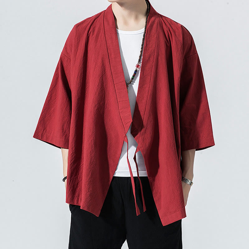Giacca aperta sul davanti in cotone e lino da uomo, kimono con maniche a tre quarti, stile Buddha Stones Tang Suit - image 4
