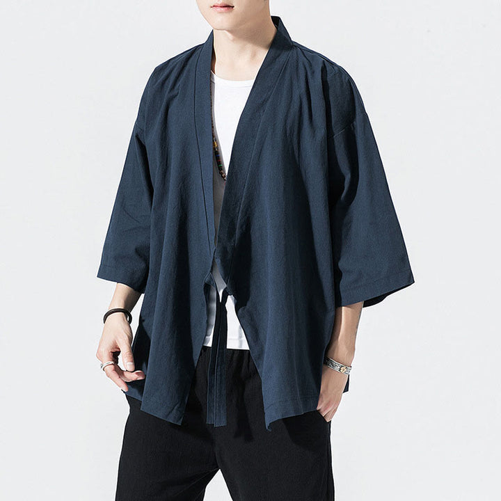 Giacca aperta sul davanti in cotone e lino da uomo, kimono con maniche a tre quarti, stile Buddha Stones Tang Suit - Blu notte - US/UK/AU48, EU58 (5XL) - image 7