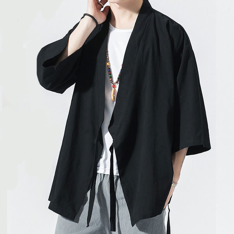 Giacca aperta sul davanti in cotone e lino da uomo, kimono con maniche a tre quarti, stile Buddha Stones Tang Suit - image 12