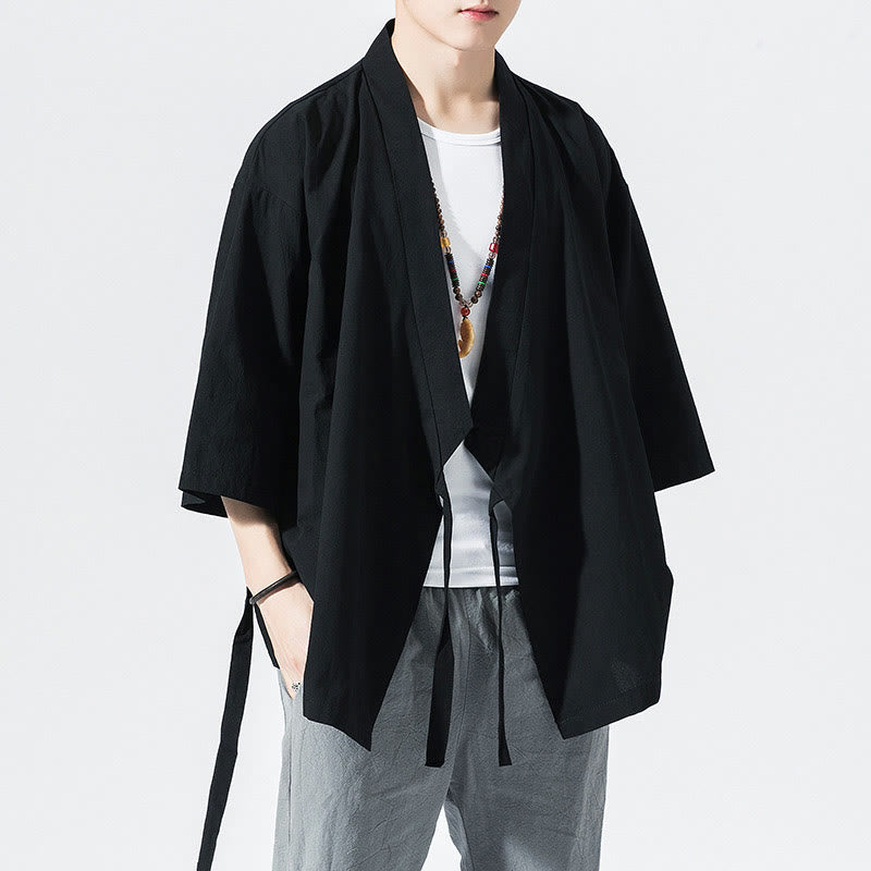 Giacca aperta sul davanti in cotone e lino da uomo, kimono con maniche a tre quarti, stile Buddha Stones Tang Suit - Nero - US/UK/AU48, EU58 (5XL) - image 9