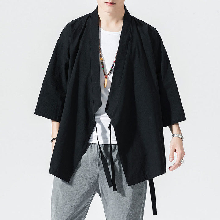 Giacca aperta sul davanti in cotone e lino da uomo, kimono con maniche a tre quarti, stile Buddha Stones Tang Suit - image 11