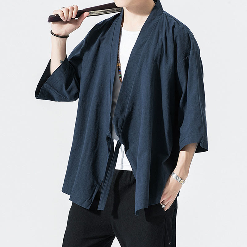 Giacca aperta sul davanti in cotone e lino da uomo, kimono con maniche a tre quarti, stile Buddha Stones Tang Suit - image 7