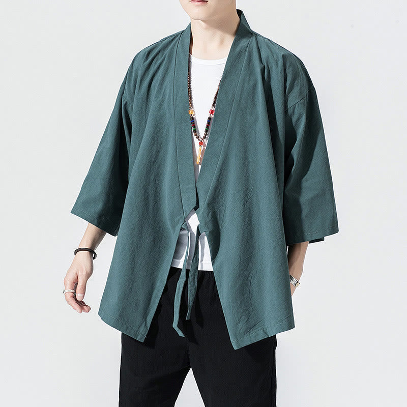 Giacca aperta sul davanti in cotone e lino da uomo, kimono con maniche a tre quarti, stile Buddha Stones Tang Suit - image 2