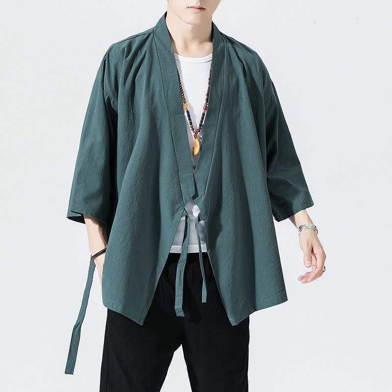 Giacca aperta sul davanti in cotone e lino da uomo, kimono con maniche a tre quarti, stile Buddha Stones Tang Suit - Ciano scuro - US/UK/AU48, EU58 (5XL) - image 1