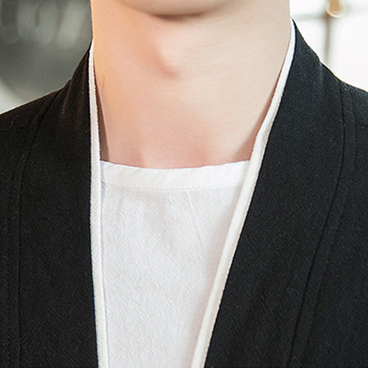 Giacca da uomo in cotone e lino con maniche a tre quarti, kimono con tasche e motivo Buddha Stones con lacci - image 16