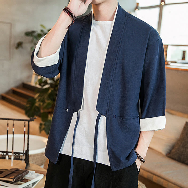 Giacca da uomo in cotone e lino con maniche a tre quarti, kimono con tasche e motivo Buddha Stones con lacci - image 1