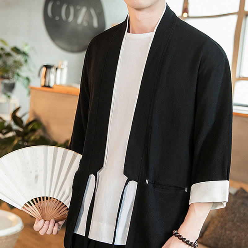 Giacca da uomo in cotone e lino con maniche a tre quarti, kimono con tasche e motivo Buddha Stones con lacci - image 15