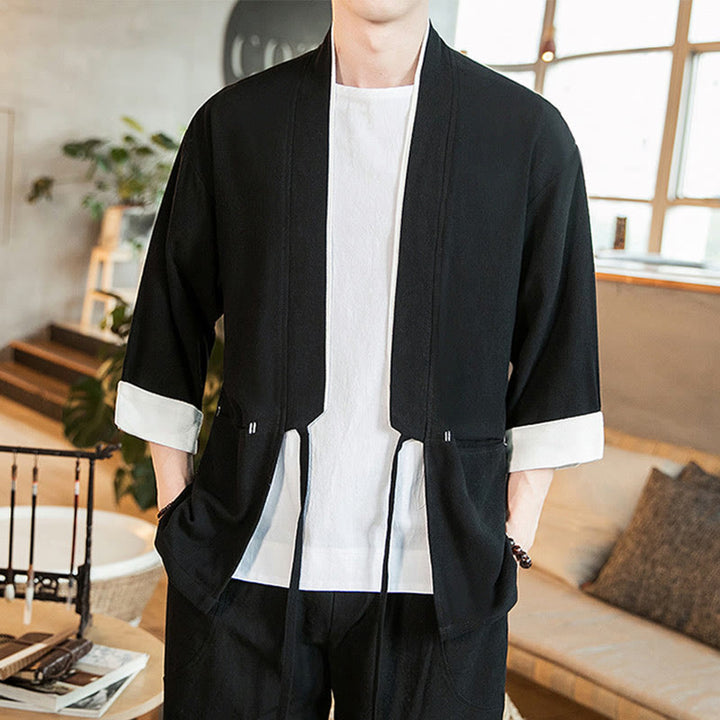 Giacca da uomo in cotone e lino con maniche a tre quarti, kimono con tasche e motivo Buddha Stones con lacci - image 11