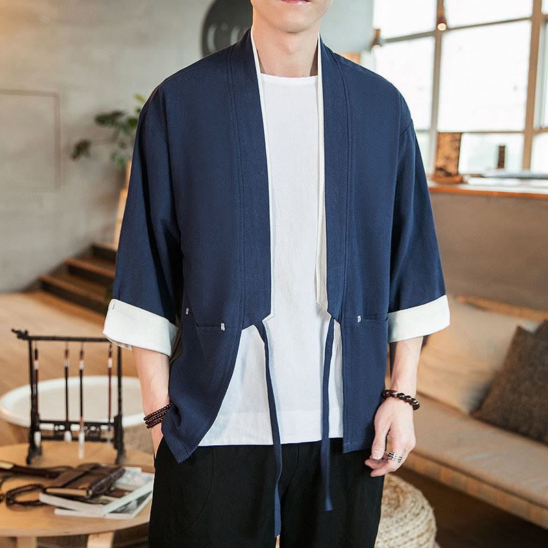 Giacca da uomo in cotone e lino con maniche a tre quarti, kimono con tasche e motivo Buddha Stones con lacci - Blu scuro - US/UK/AU46, EU56 (5XL) - image 1
