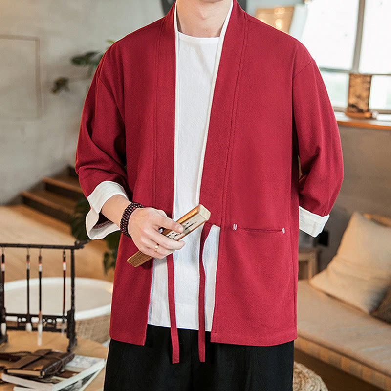 Giacca da uomo in cotone e lino con maniche a tre quarti, kimono con tasche e motivo Buddha Stones con lacci - Cremisi - US/UK/AU46, EU56 (5XL) - image 22