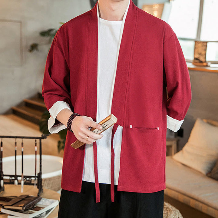 Giacca da uomo in cotone e lino con maniche a tre quarti, kimono con tasche e motivo Buddha Stones con lacci - Cremisi - US/UK/AU46, EU56 (5XL) - image 22