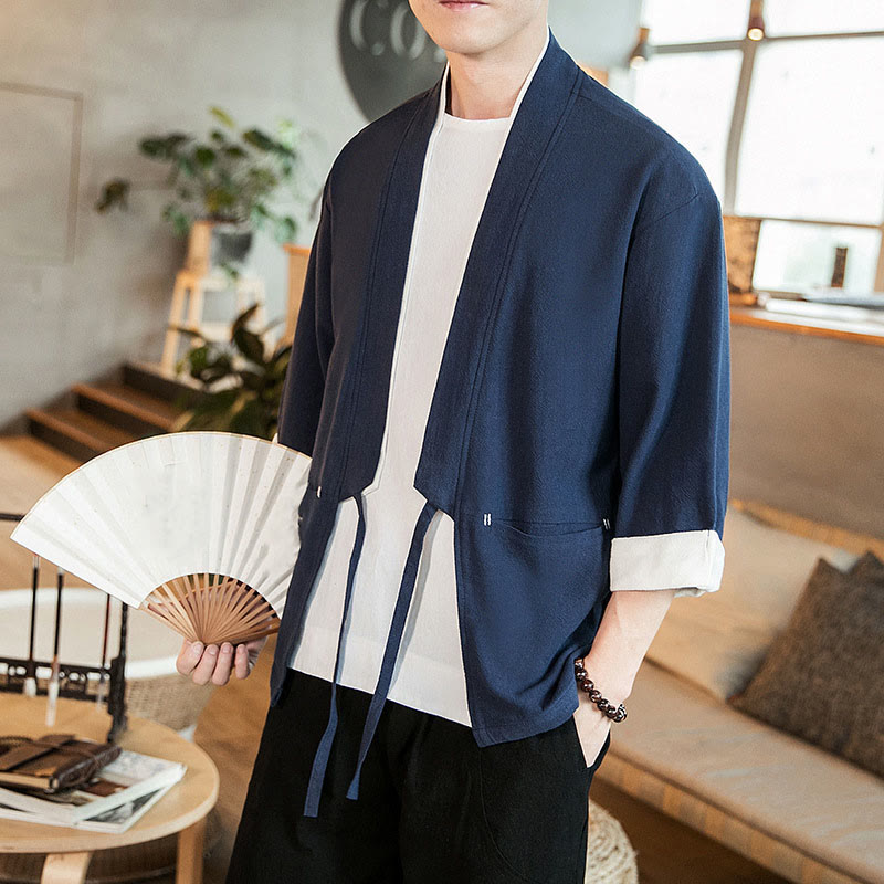 Giacca da uomo in cotone e lino con maniche a tre quarti, kimono con tasche e motivo Buddha Stones con lacci - image 8