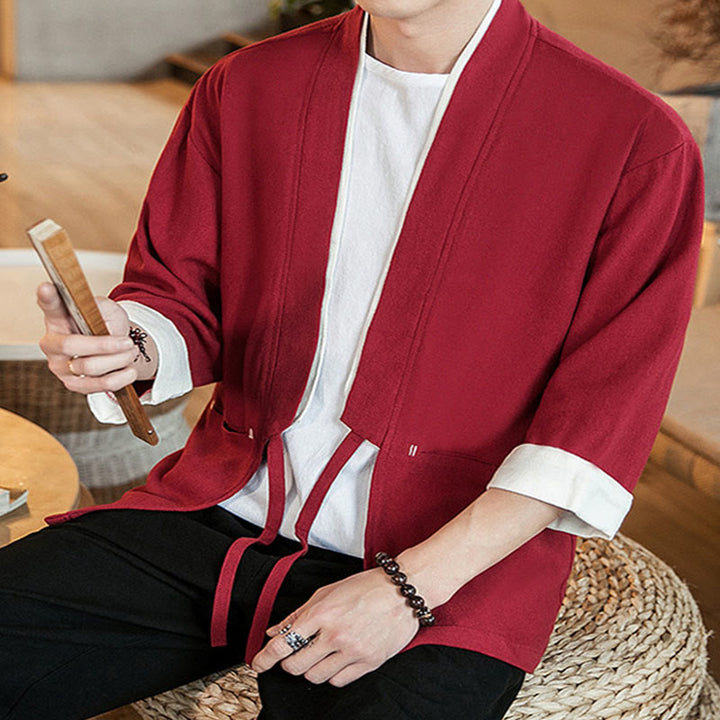 Giacca da uomo in cotone e lino con maniche a tre quarti, kimono con tasche e motivo Buddha Stones con lacci - image 28