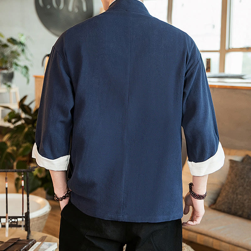 Giacca da uomo in cotone e lino con maniche a tre quarti, kimono con tasche e motivo Buddha Stones con lacci - image 4