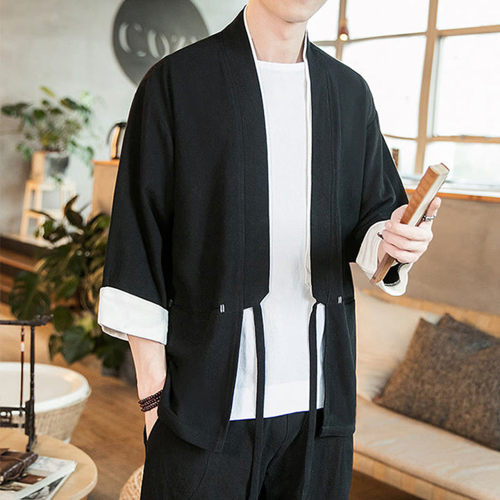 Giacca da uomo in cotone e lino con maniche a tre quarti, kimono con tasche e motivo Buddha Stones con lacci - image 14