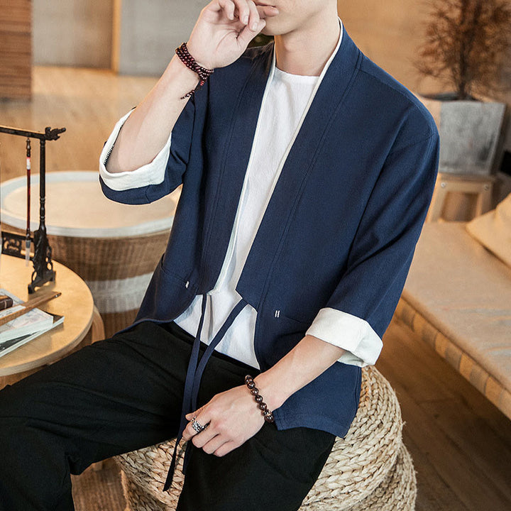 Giacca da uomo in cotone e lino con maniche a tre quarti, kimono con tasche e motivo Buddha Stones con lacci - image 5