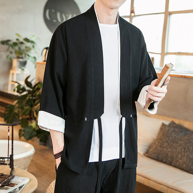 Giacca da uomo in cotone e lino con maniche a tre quarti, kimono con tasche e motivo Buddha Stones con lacci - image 15