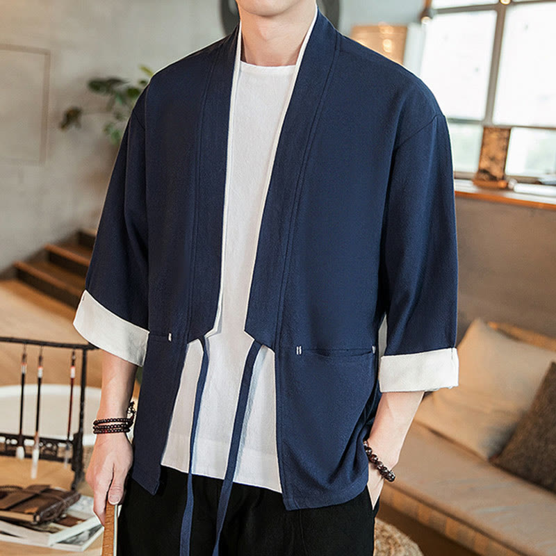 Giacca da uomo in cotone e lino con maniche a tre quarti, kimono con tasche e motivo Buddha Stones con lacci - image 3