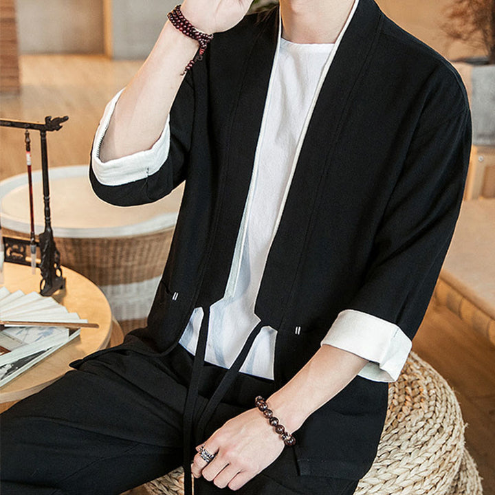 Giacca da uomo in cotone e lino con maniche a tre quarti, kimono con tasche e motivo Buddha Stones con lacci - image 12