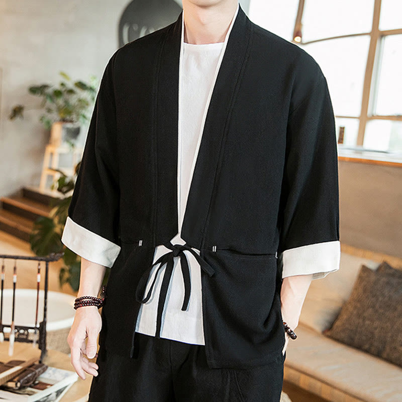 Giacca da uomo in cotone e lino con maniche a tre quarti, kimono con tasche e motivo Buddha Stones con lacci - Nero - US/UK/AU46, EU56 (5XL) - image 8