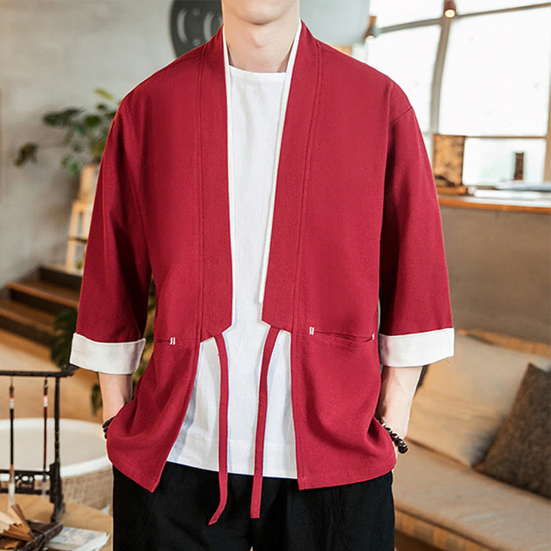 Giacca da uomo in cotone e lino con maniche a tre quarti, kimono con tasche e motivo Buddha Stones con lacci - image 24