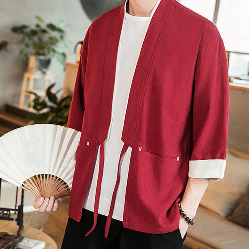 Giacca da uomo in cotone e lino con maniche a tre quarti, kimono con tasche e motivo Buddha Stones con lacci - image 27