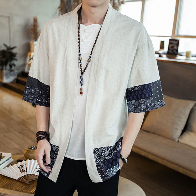 Giacca da uomo in cotone e lino con stampa etnica patchwork Buddha Stones e maniche corte, aperta sul davanti - image 13