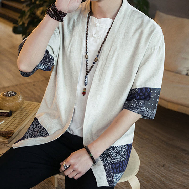 Giacca da uomo in cotone e lino con stampa etnica patchwork Buddha Stones e maniche corte, aperta sul davanti - image 16