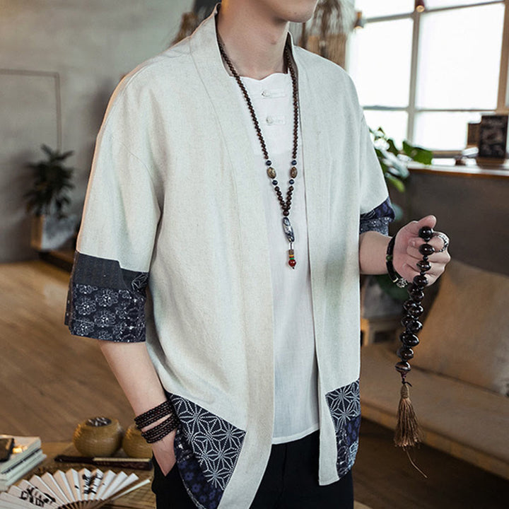 Giacca da uomo in cotone e lino con stampa etnica patchwork Buddha Stones e maniche corte, aperta sul davanti - image 12