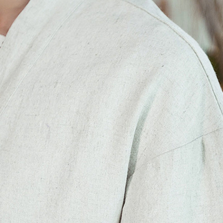 Giacca da uomo in cotone e lino con stampa etnica patchwork Buddha Stones e maniche corte, aperta sul davanti - image 19