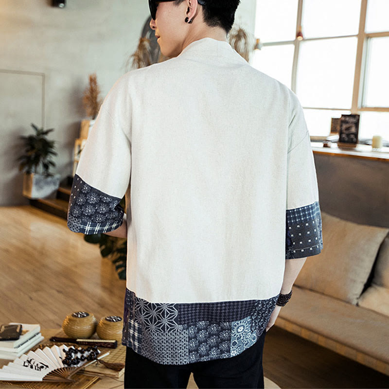 Giacca da uomo in cotone e lino con stampa etnica patchwork Buddha Stones e maniche corte, aperta sul davanti - image 15