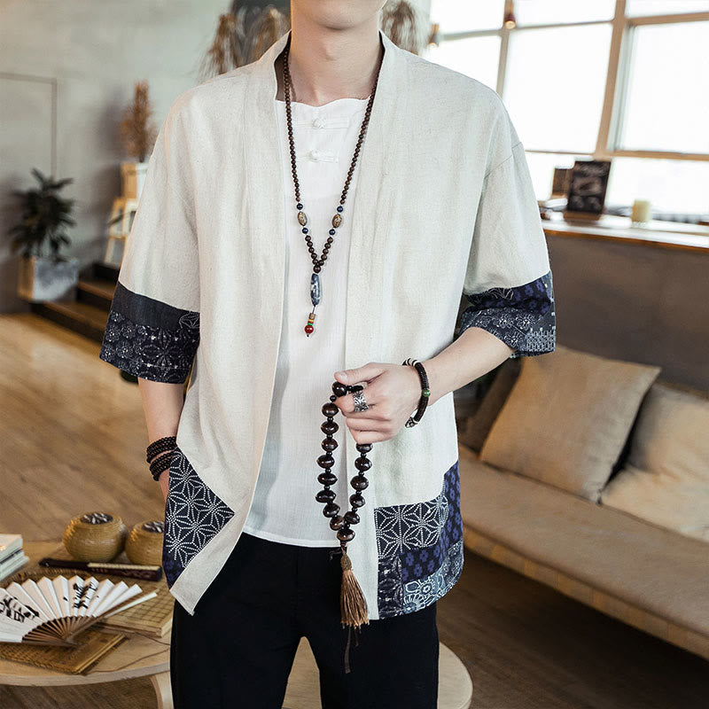 Giacca da uomo in cotone e lino con stampa etnica patchwork Buddha Stones e maniche corte, aperta sul davanti - Biancheria - US/UK/AU46, EU56 (5XL) - image 10