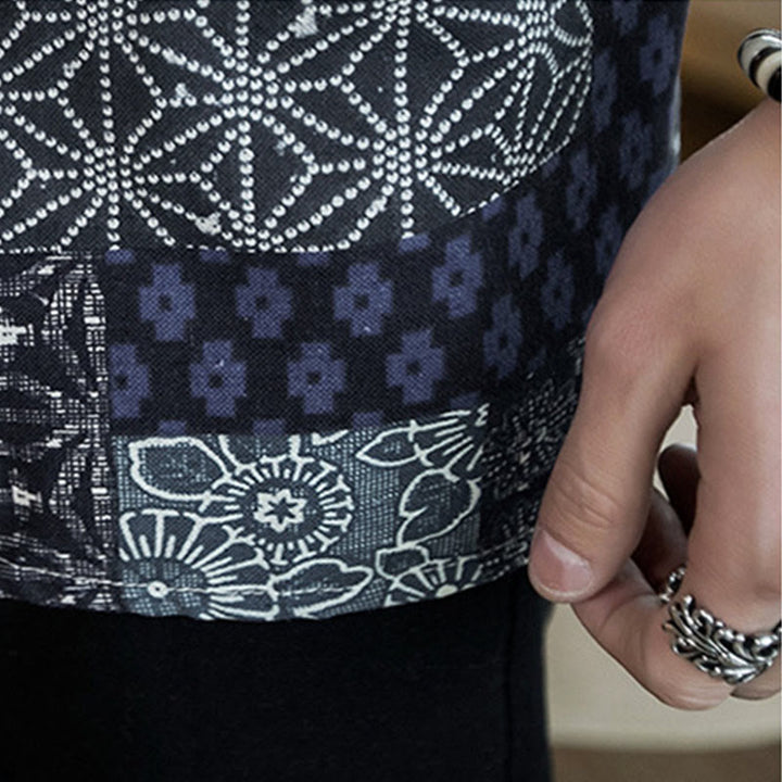 Giacca da uomo in cotone e lino con stampa etnica patchwork Buddha Stones e maniche corte, aperta sul davanti - image 8