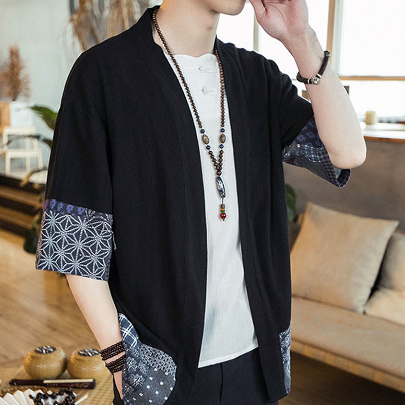 Giacca da uomo in cotone e lino con stampa etnica patchwork Buddha Stones e maniche corte, aperta sul davanti - image 4