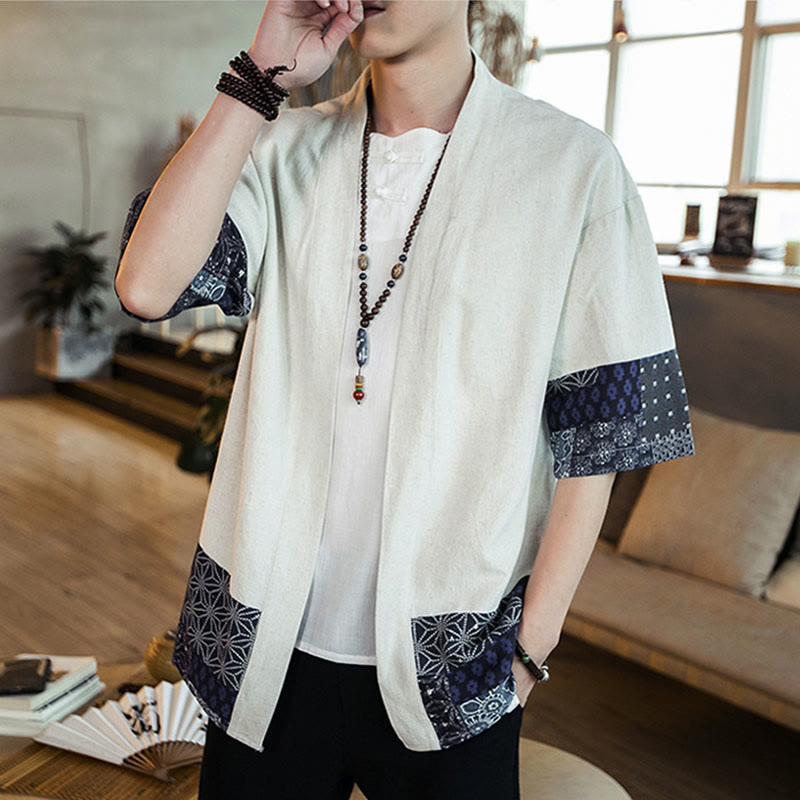 Giacca da uomo in cotone e lino con stampa etnica patchwork Buddha Stones e maniche corte, aperta sul davanti - image 14